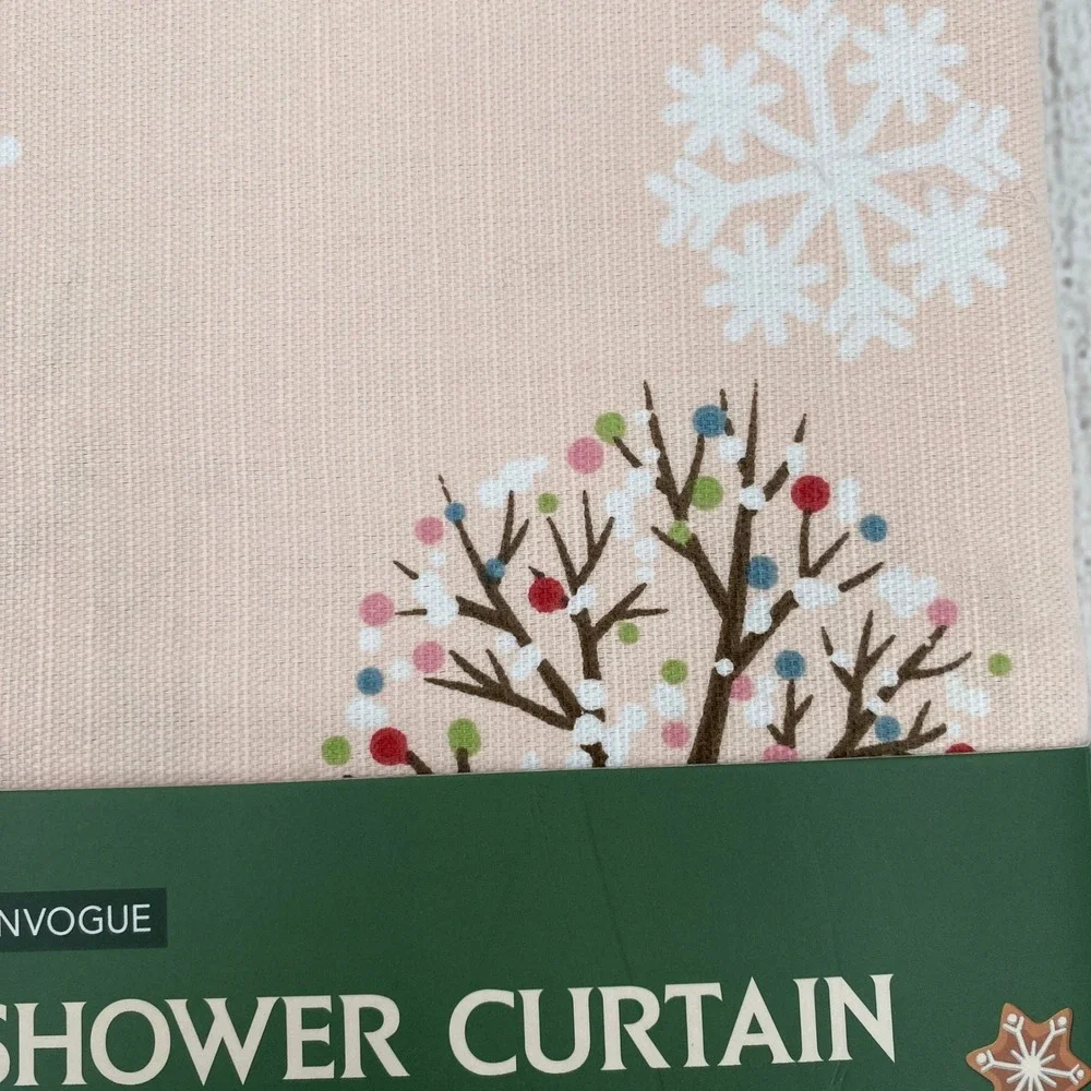 EnVogue Shower Curtain Pink Gingerbread Village Snowflake Holiday Christmas